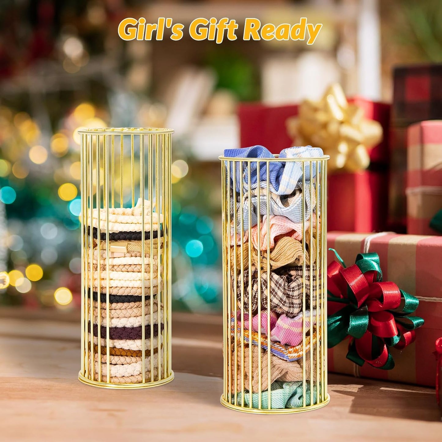 Gold Metal Hair Ties Holder Organizer – Stylish Scrunchie Stand with Side Opening for Easy Access – Countertop Hair Elastics Storage for Women & Girls, Set of 2 (Large & Small)