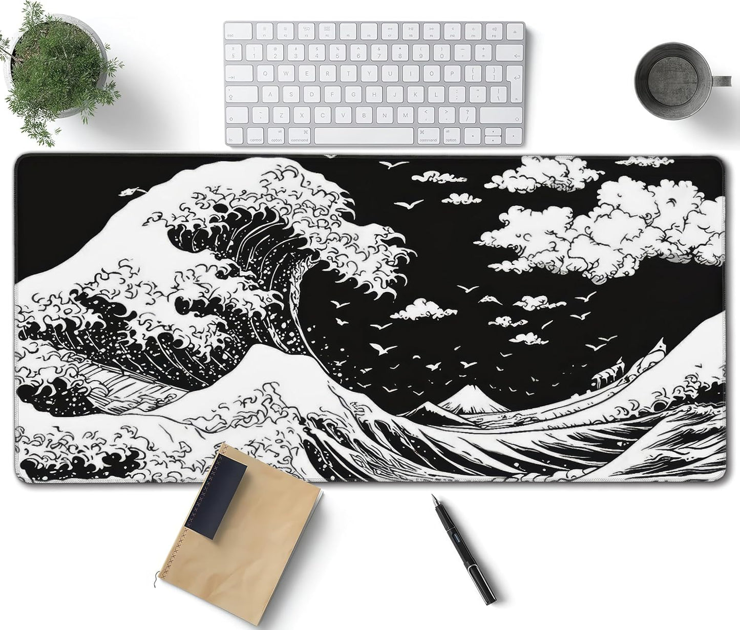 Japanese Sea Wave Large Mouse Pad, Anime Style Gaming Desk Mat, XXL Keyboard Desk Pad Mat for Desktop, 35.4"x15.7" Non-Slip Base Big Mousepad with Stitched Edges