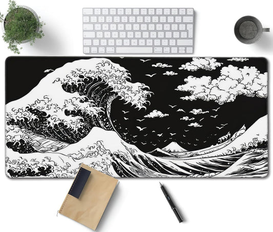 Japanese Sea Wave Large Mouse Pad, Anime Style Gaming Desk Mat, XXL Keyboard Desk Pad Mat for Desktop, 35.4"x15.7" Non-Slip Base Big Mousepad with Stitched Edges