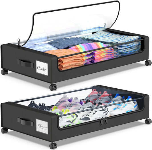 Beborxue Under Bed Storage with Wheels, 2-Pack Under the Bed Storage Containers with Lids, XXL 60L Under Bed Shoes Storage Organizer Bins, Rolling Underbed Storage for Clothes, Shoes, Blankets (Black)