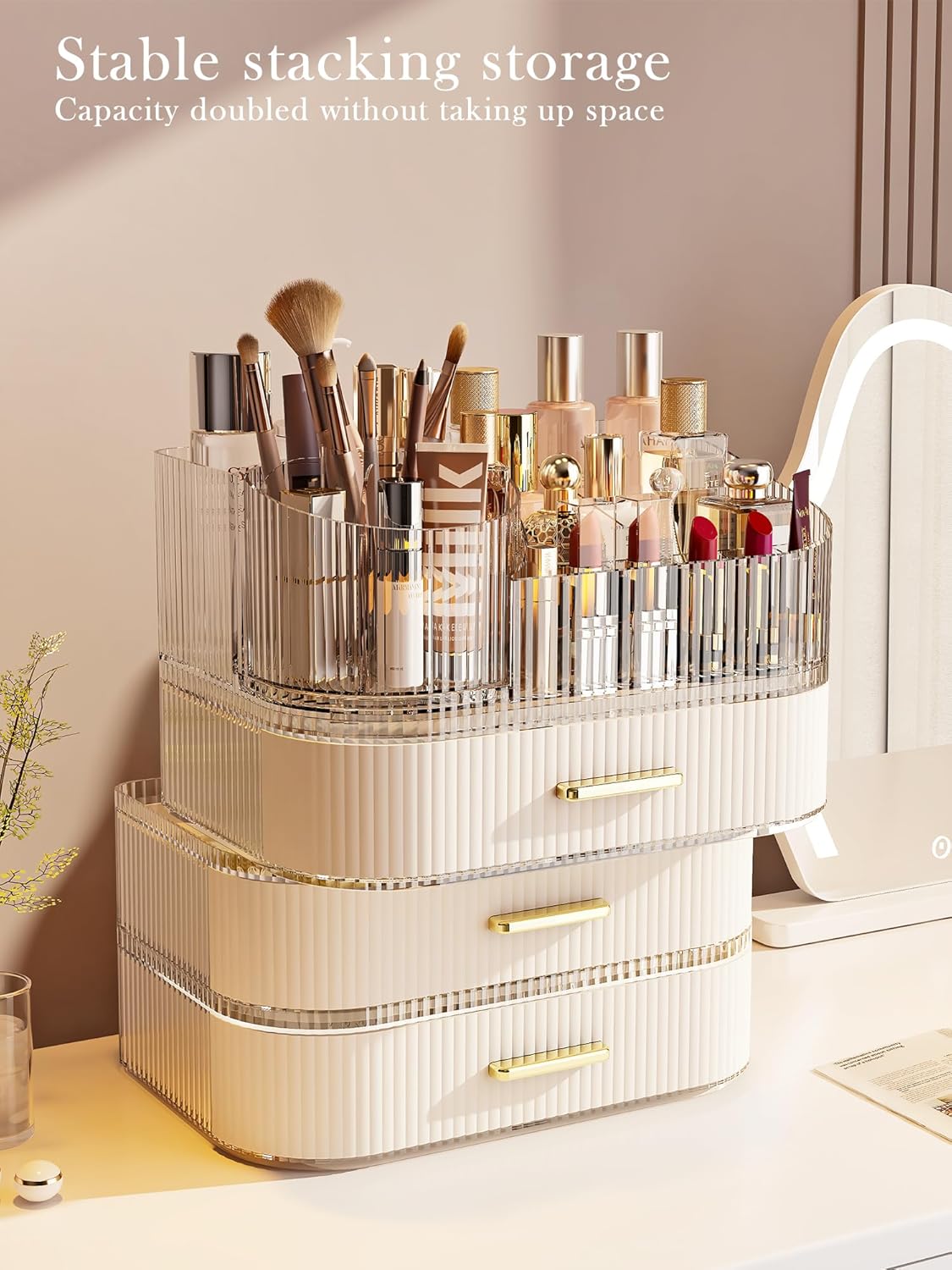 Makeup Organizer with Stackable Drawer, 360 Rotating Makeup Brush Holder, 11-inch Wide Large Cosmetic Display Case, Skincare Organizers and Storage for Vanity, Bathroom Countertop (1 Tray + 2 Drawer)
