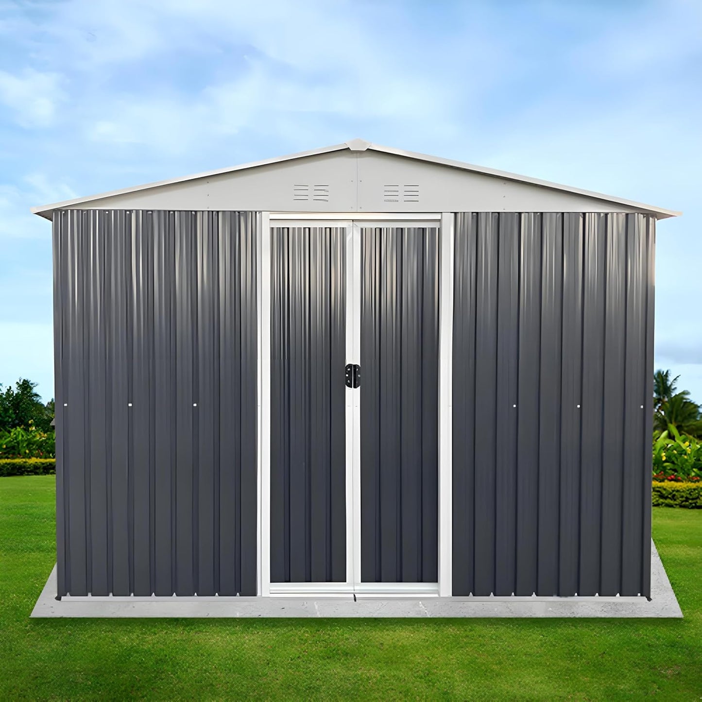 10FT x 8FT Outdoor Storage, Metal Anti-Corrosion Utility Tool House with Lockable Door & Shutter Vents，Outdoor Waterproof Garden Tool Storage Sheds（with 4 Transparent Window）