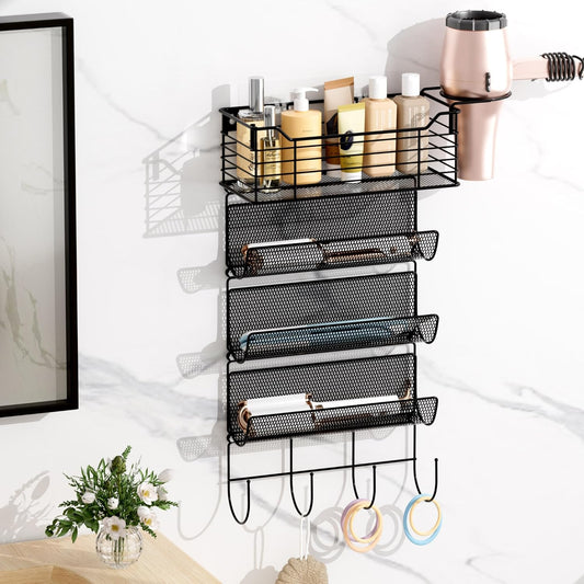 VITVITI Metal Hair Tool Organizer Wall Mount, Hair Dryer Holder with 4 Tier Shelf Basket Hooks, Bathroom Styling Tool Organizer for Curling Iron/Blow Dryer/Straightener, Matte Black
