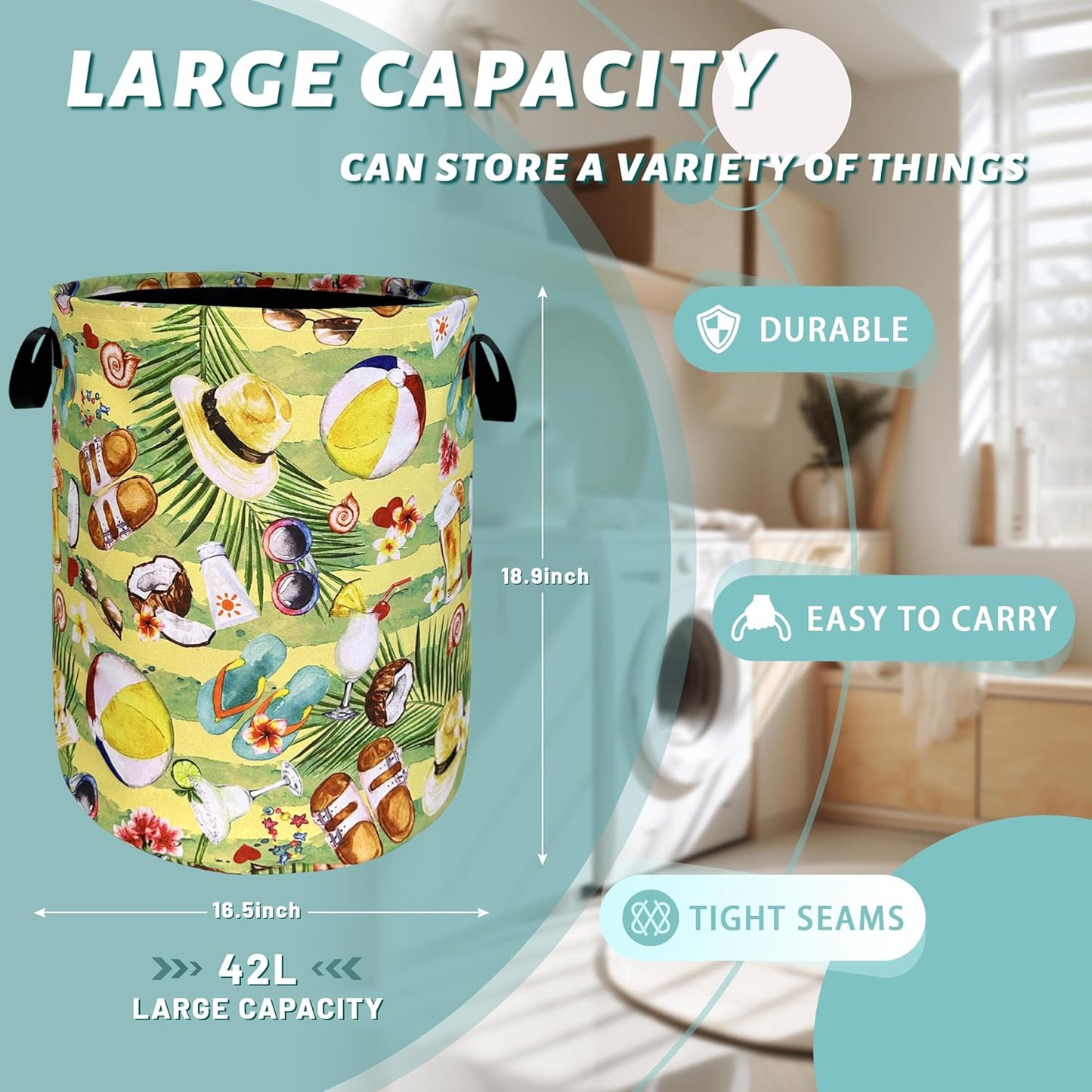Happy Summer Time Laundry Hamper With Handles Foldable Oxford Cloth Tote Bag Colorful Hawaii Beach Funny Laundry Basket Clothe Toy Storage Bucket 18.9"x16.5"For Bathroom/Laundry/Bedroom
