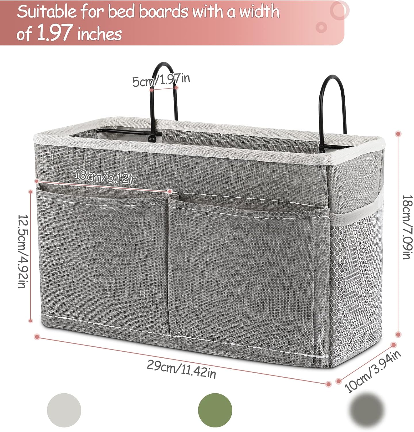 Bedside Caddy Hanging Storage with Water Bottle Holder for Bunk Bed, Hospital Bed, Dorm Rooms (Grey)