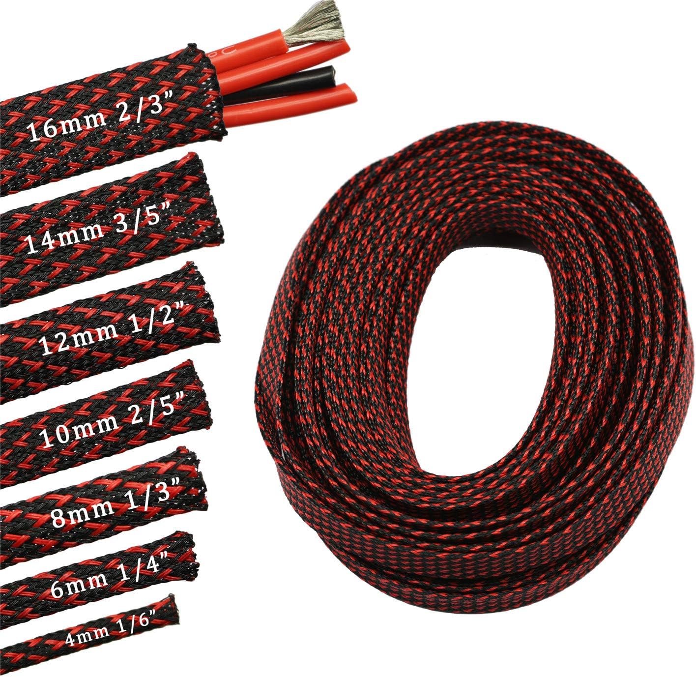 30ft PET Expandable Sleeving Wire Cable Sleeve (1/6", Red&Black)