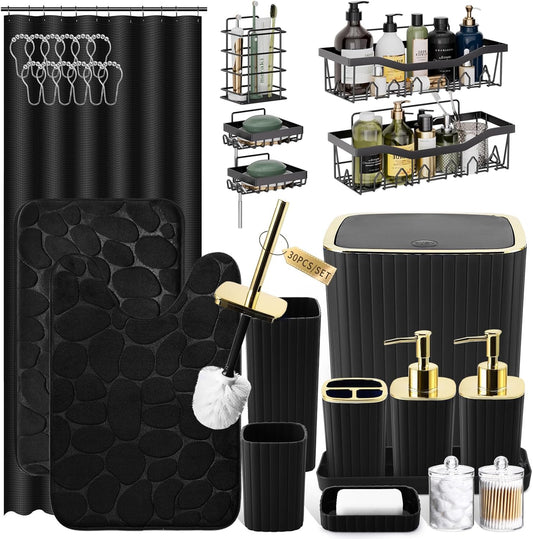 30PC Bathroom Accessories Set - Gorgeous Black Bathroom Set, Bathroom Accessory Set, Black Shower Curtain Set with Shower Caddies