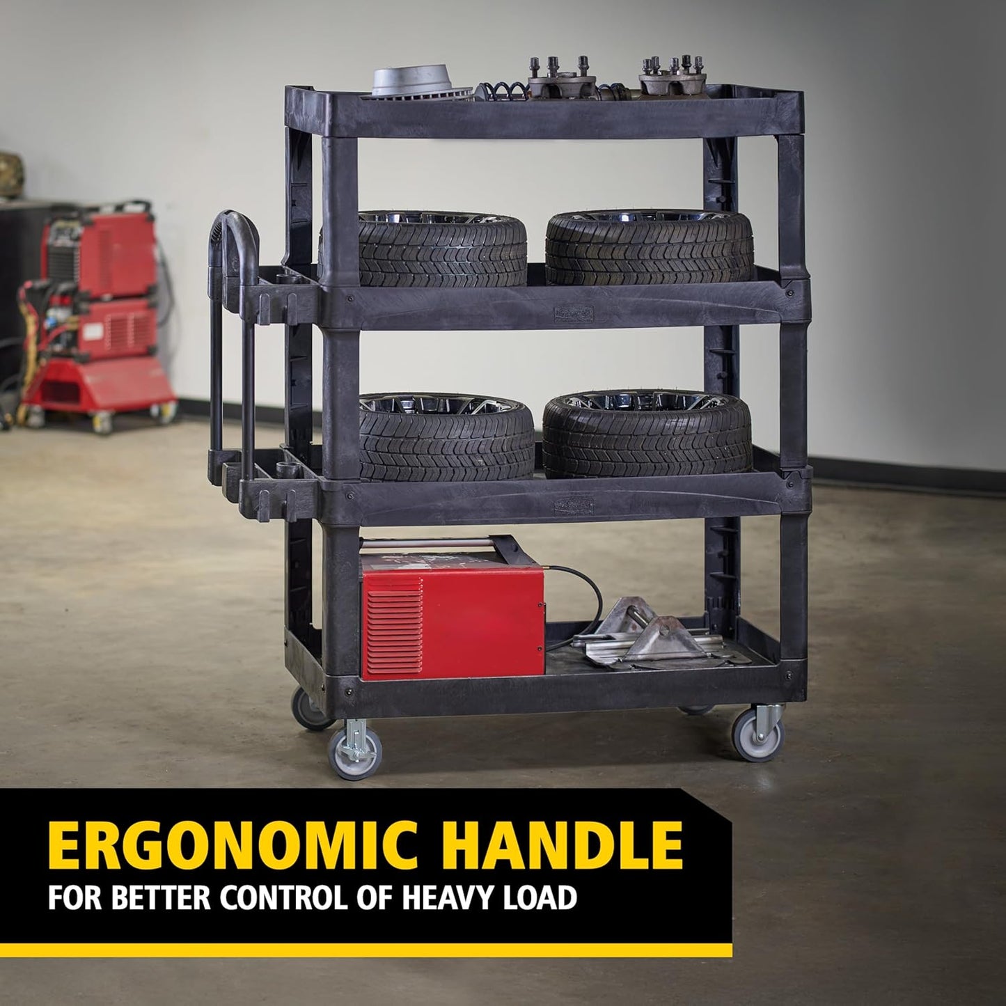 New Rubbermaid Commercial Products 4-Shelf Utility/Service Quad Cart, Heavy Duty Large, Lipped Shelf, Ergonomic Handle, 700 lbs. Capacity, for Warehouse/Garage/Cleaning/Manufacturing (2128657) Black