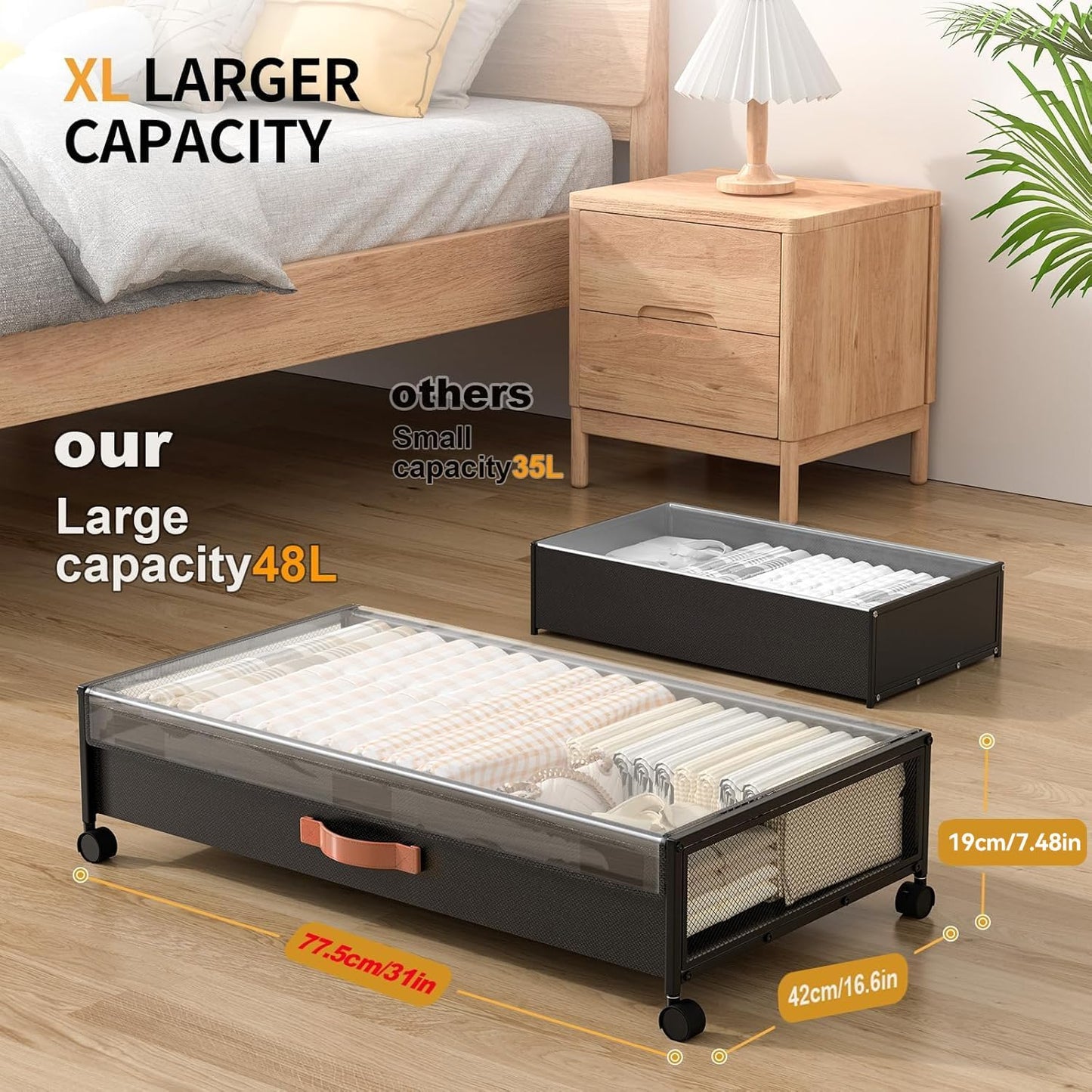 Under Bed Storage with Wheels, XXL Larger Under Bed Storage Containers with Clear Lids, 31'' Lengthen Under Bed Shoe Organizer for Shoes Clothes(Black 2 Pack, XXL(31"x16.6"x7.48"))