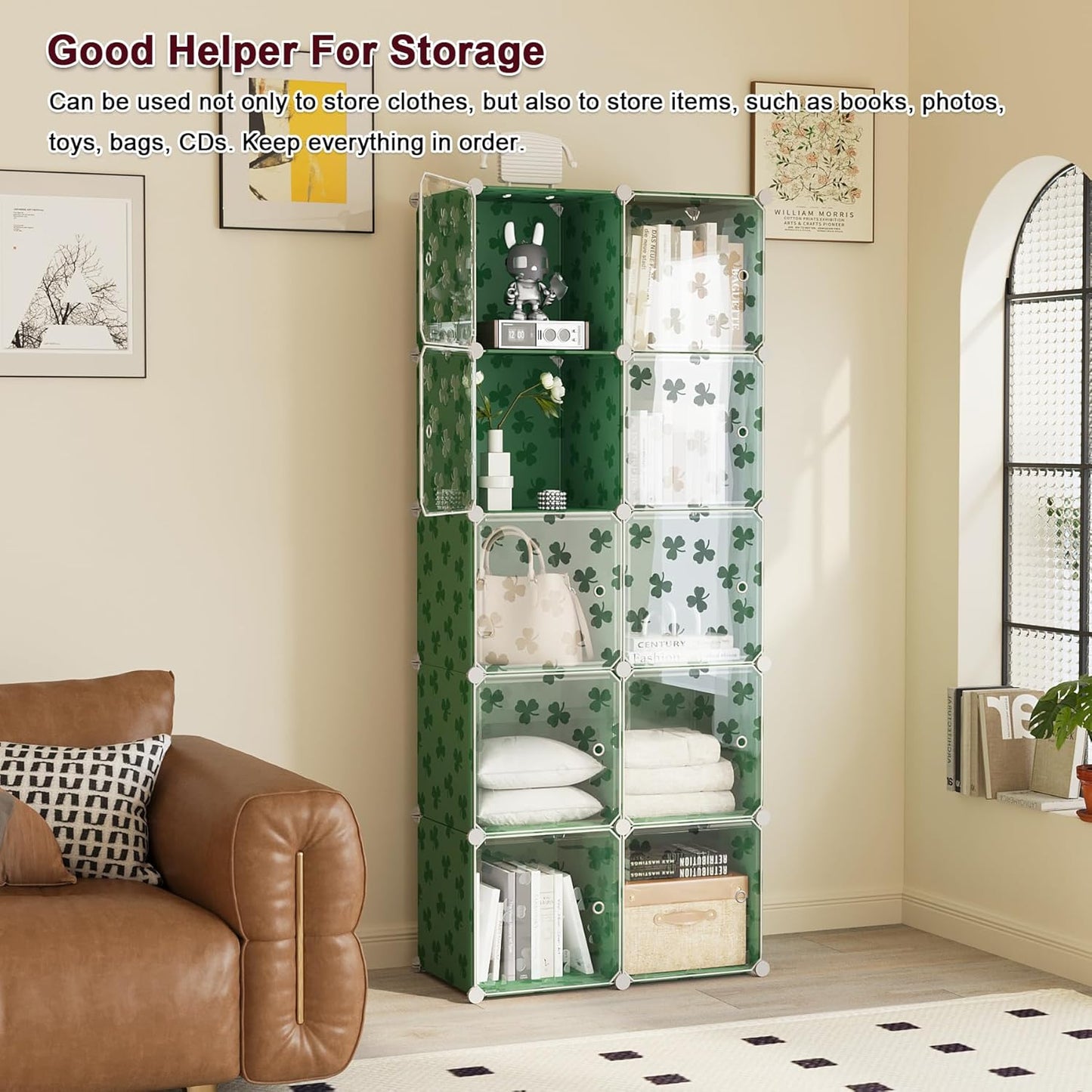C&AHOME Cube Storage Organizer with Doors, 10-Cube Shelves, DIY Plastic Modular Bookshelf, Closet Clothes Storage Shelving Ideal for Bedroom, Living Room, Clover Embossed, Green