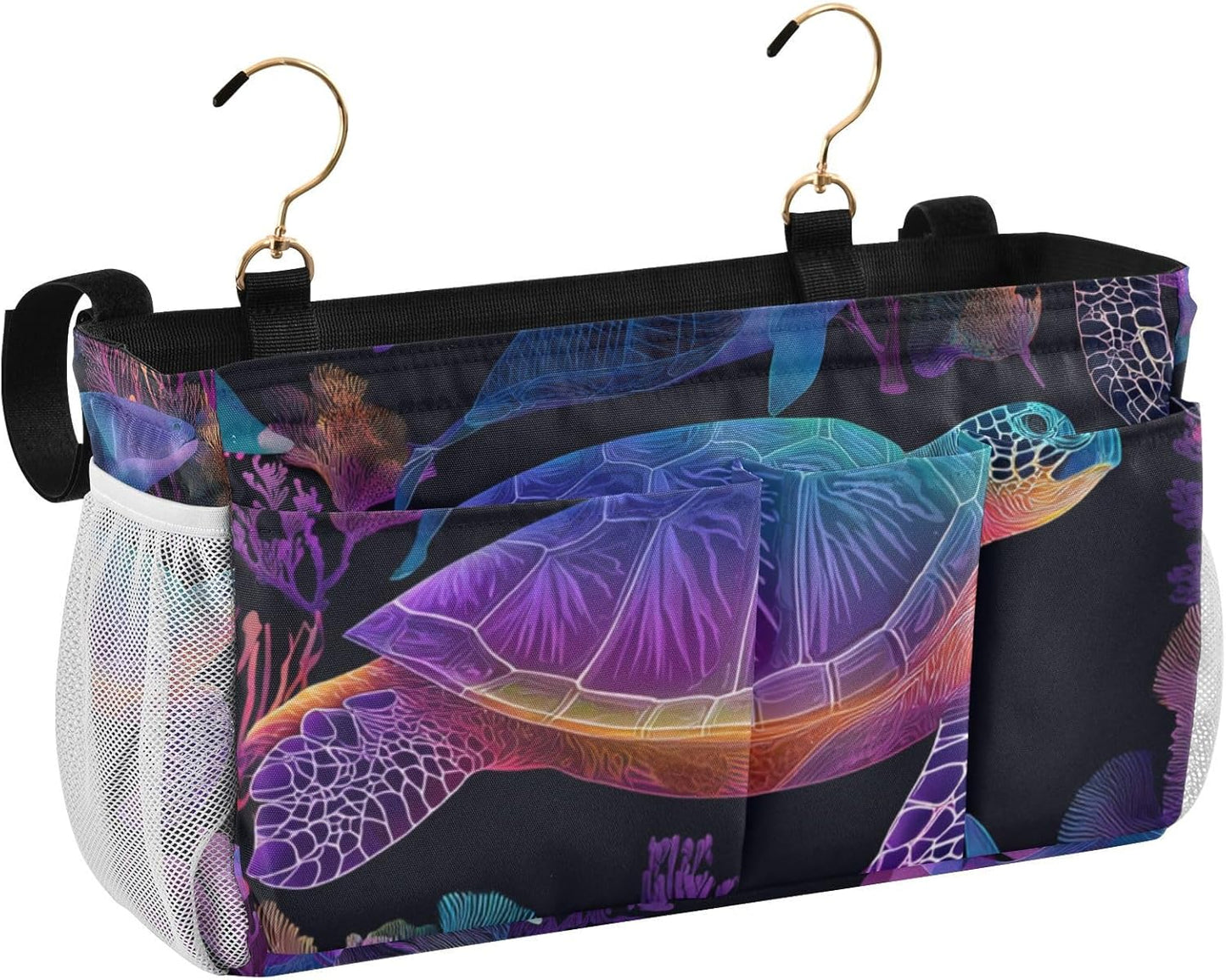 Colorful Gradient Turtle Fish and Coral Bedside Caddy for Dorm Bed Bedside Hanging Caddy Bag Iron Frame Storage Organizer Pocket for Bunk Home College Hospital Beds 2 Hooks