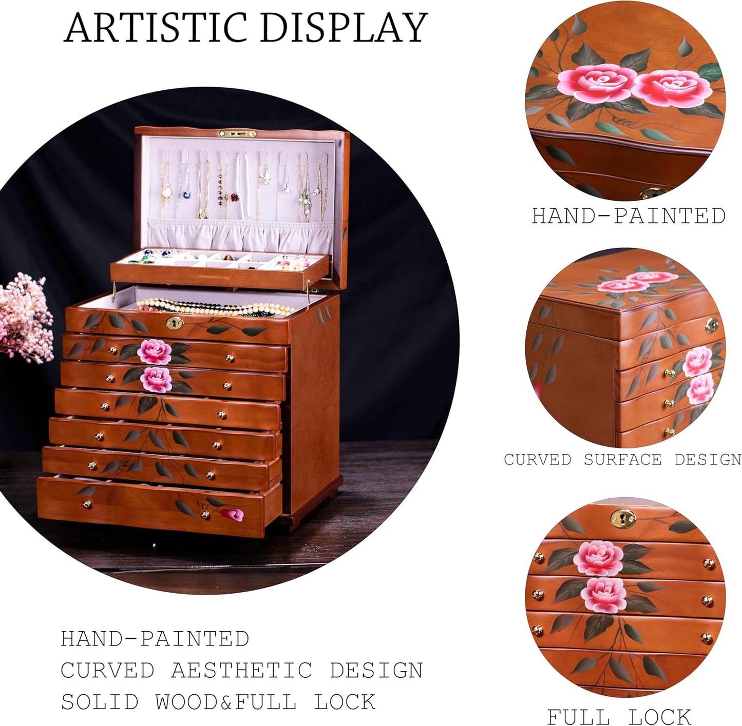 Hand-Painted Wooden Jewelry boxes for women,large jewlrey box&organizers for necklace hanger,jewerly organizer,9-layer large capacity jewelry storage box,jewelry cabinet