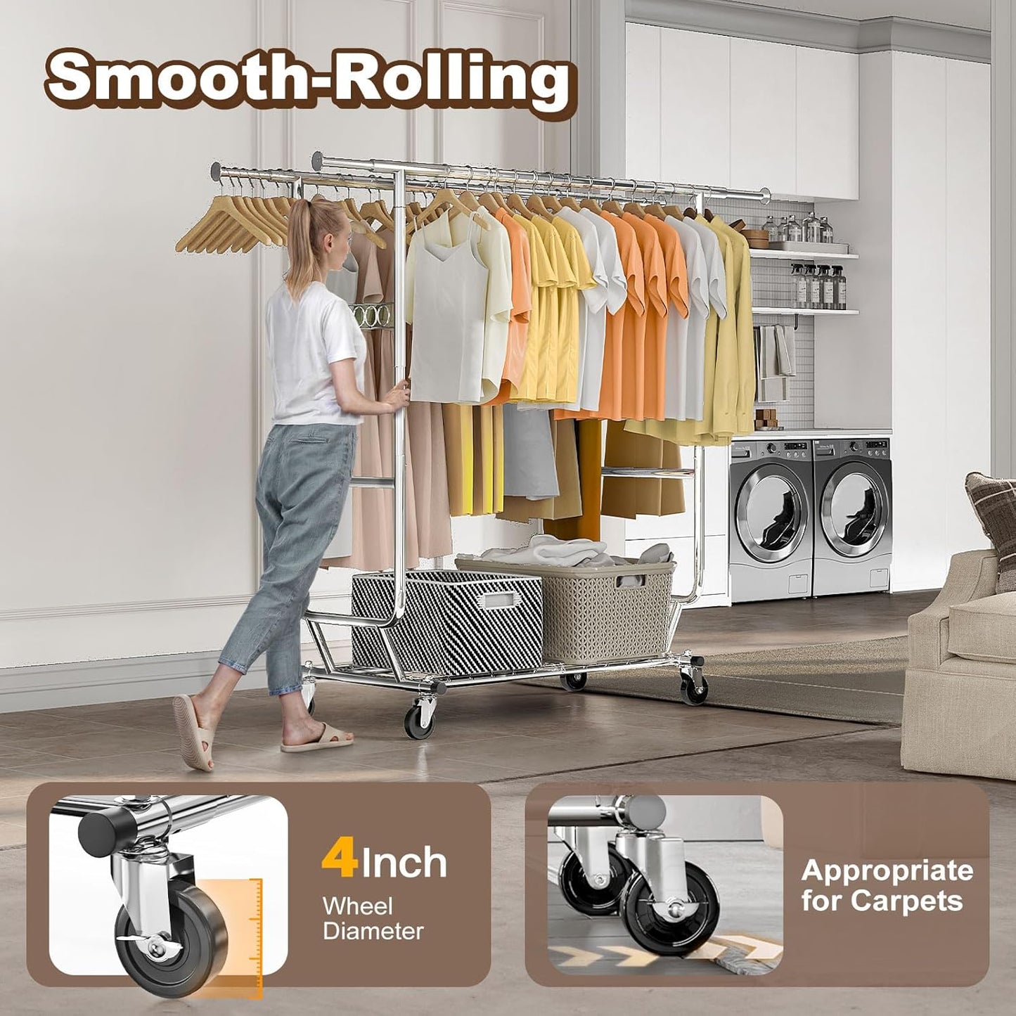 HOKEEPER 600 lbs Commercial Clothing Garment Rack with Shelves Clothing Racks on Wheels Rolling Closet Clothes Rack Heavy Duty Portable Collapsible Adjustable, Chrome Finish