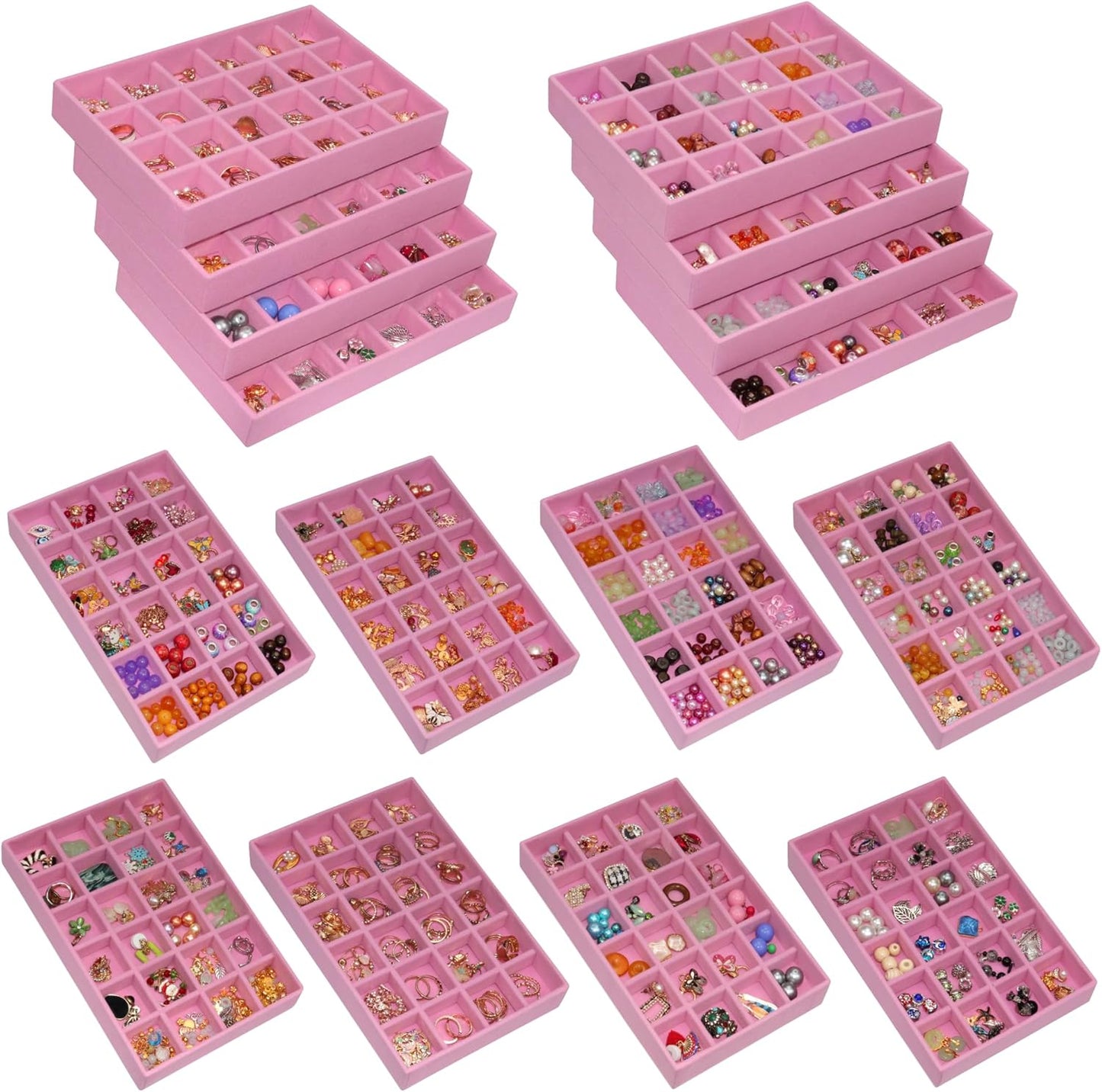 24-Grid Stackable Jewelry Organizer Tray Velvet Jewelry Storage Holder for Drawer Inserts Jewellery Display Box Case for Women Earring Rings Stud Necklaces (Set of 8, Pink