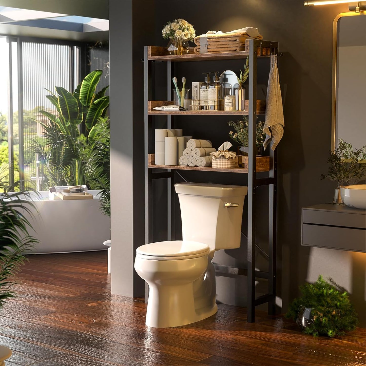 Over The Toilet Storage Rack - 3 Tier Bathroom Organizer with Shelves, Freestanding Space Saver Storage Rack Above Toilet Stand with 4 Hooks for Restroom, Laundry, Rustic Brown