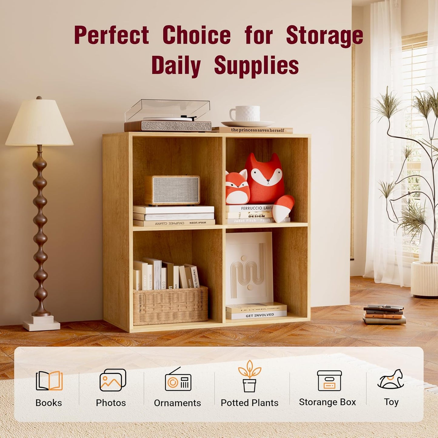Book Shelf, Wooden Cube Storage Organizer with 11" Open Cubes, Stackable Modular Bookcase for Room Divider Storage, 2 Tier Bookshelf for Living Room, Bedroom, Office (Oak, 4-Cube)