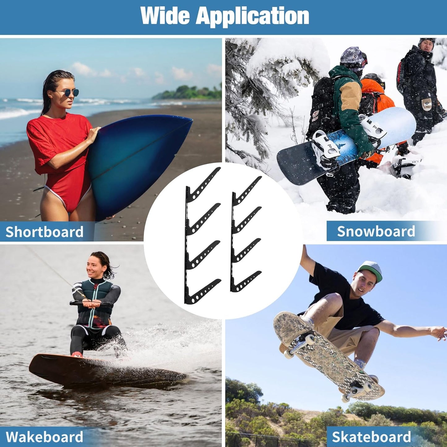4 Board Surf Rack Wall Mount for Surfboard, Wakeboard, Snowboard Storage Adjustable Wall Hangers Boards Display