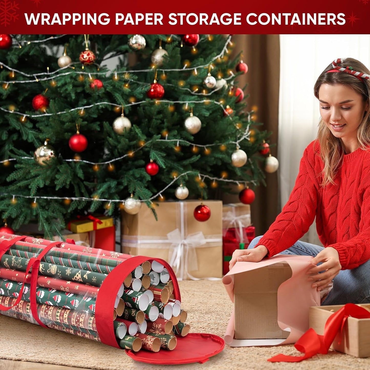 BALEINE Christmas Wrapping Paper Organizer Storage, 41" Gift Wrapping Paper Storage Containers, Clear PVC with Durable 600D Oxford Fabric Gift Wrap Paper Holder Fits 18-25 Rolls, Green