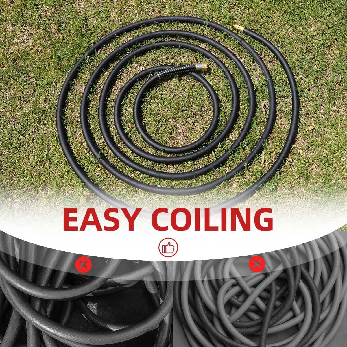 WiseFlow Garden Hose 150FT x 3/4", Heavy Duty Rubber Hose, Water Hose with Five Layered Braiding, Male Female Fittings, 1000PSI Burst, 300PSI Working (Black)