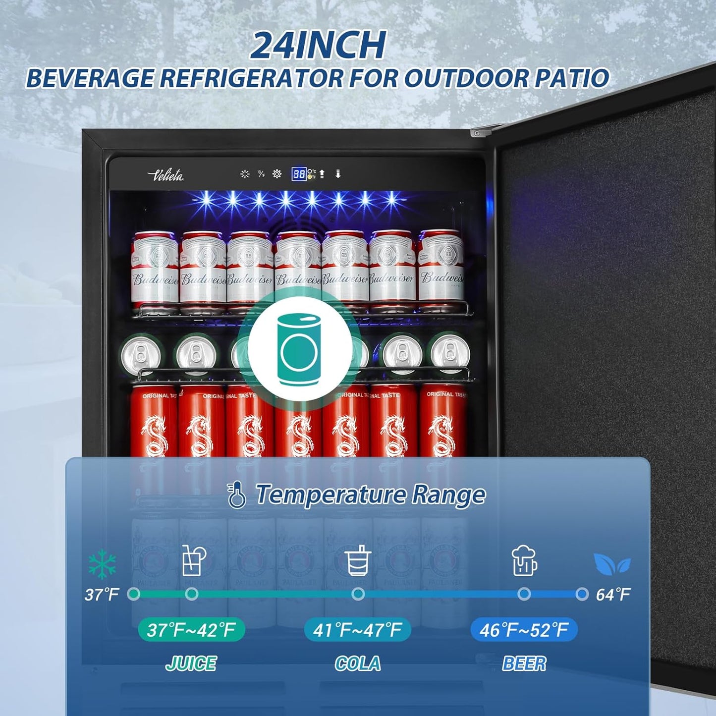 24 Inch Beverage Refrigerator Outdoor, Under Counter Beverage Cooler for Patio, Built-in Drink Fridge 210 Cans, with Stainless Steel Door for Soda, Beer, Wine