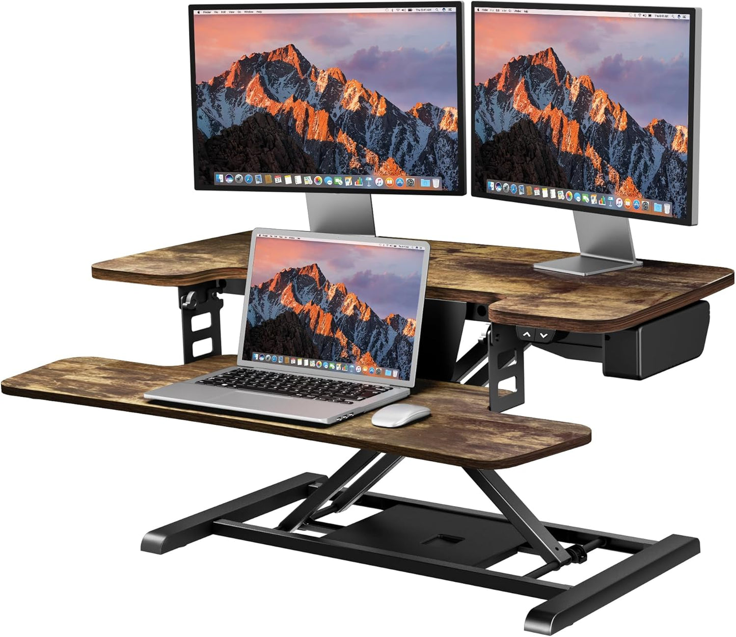 SANODESK Standing Desk Converter with Electric Motor 35" Height Adjustable Desk Riser for Office Home,Monitor and Laptop Workstation with Large Keyboard Tray, Rustic Color
