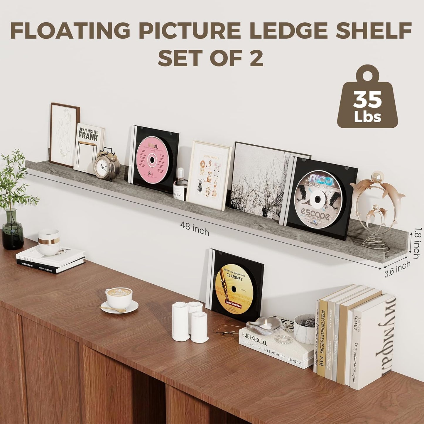 Axeman Grey Floating Shelves | 48 Inch Picture Ledge Shelf Set of 2 | Rustic Grey Picture Shelf for Wall with Ledge | Floating Shelves with Lip | Photo Ledge Shelves