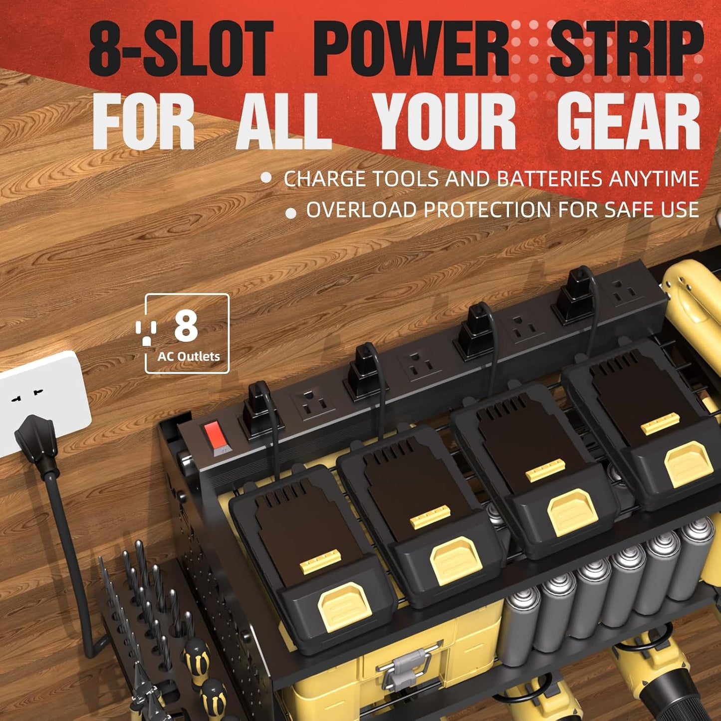Veitorld Power Tool Organizer with Charging Station, 4 Drill Holders, Heavy Duty Modular Wall Mount Rack for Garage & Shed Organization, Tool Storage Organizer, Gifts for Men Dad Husband Christmas