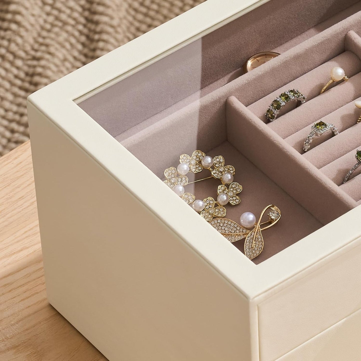 pickpiff Jewelry Box Organizer Case for Women: 4-Layer Jewelry Storage Case with Glass Window, Ivory Leather with Pink Velvet, Holder for Ring Necklace Bracelet Brooch Watch, Great Gift for Her