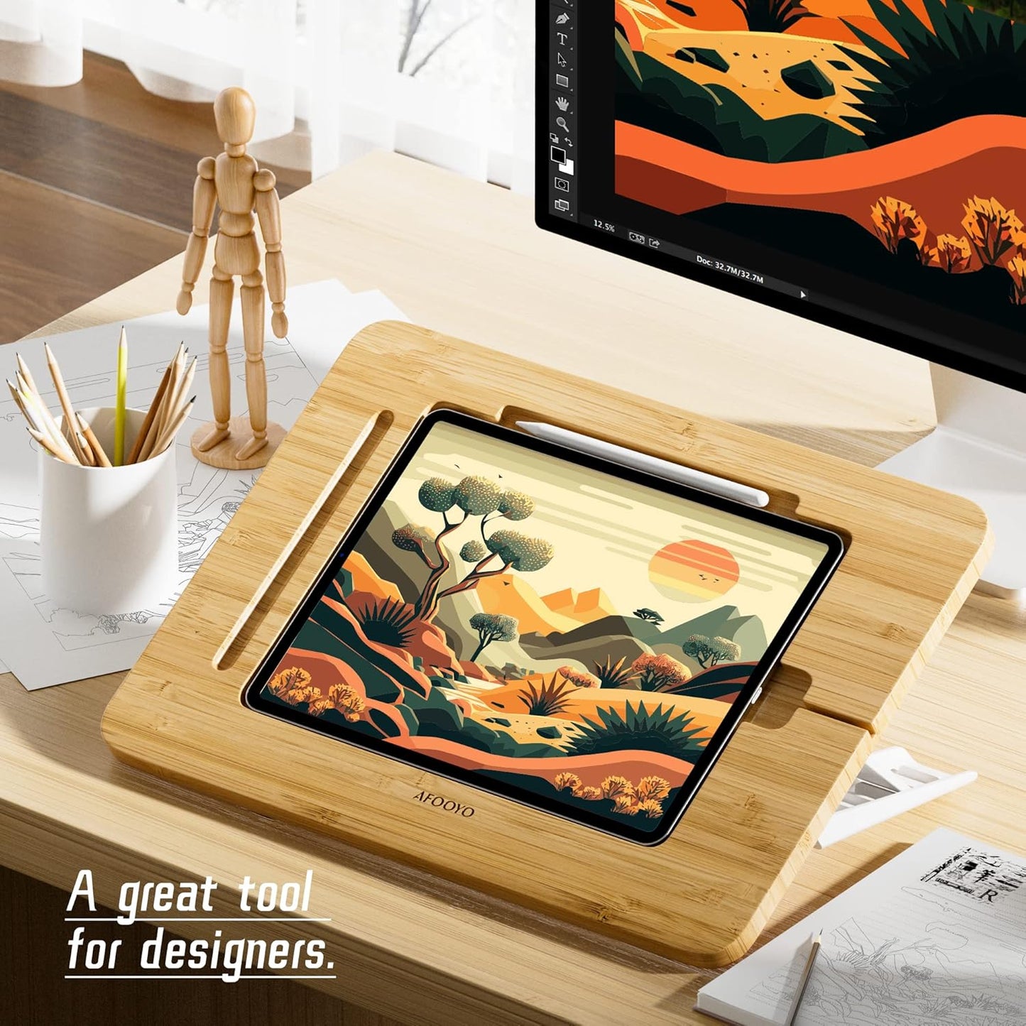 Bamboo Tablet Drawing Stand - Portable & Adjustable 5 Angles,Laptop Stands Riser, Book Reading Stand,Compatible with 9.7/10.2/10.5/10.9/11 inches