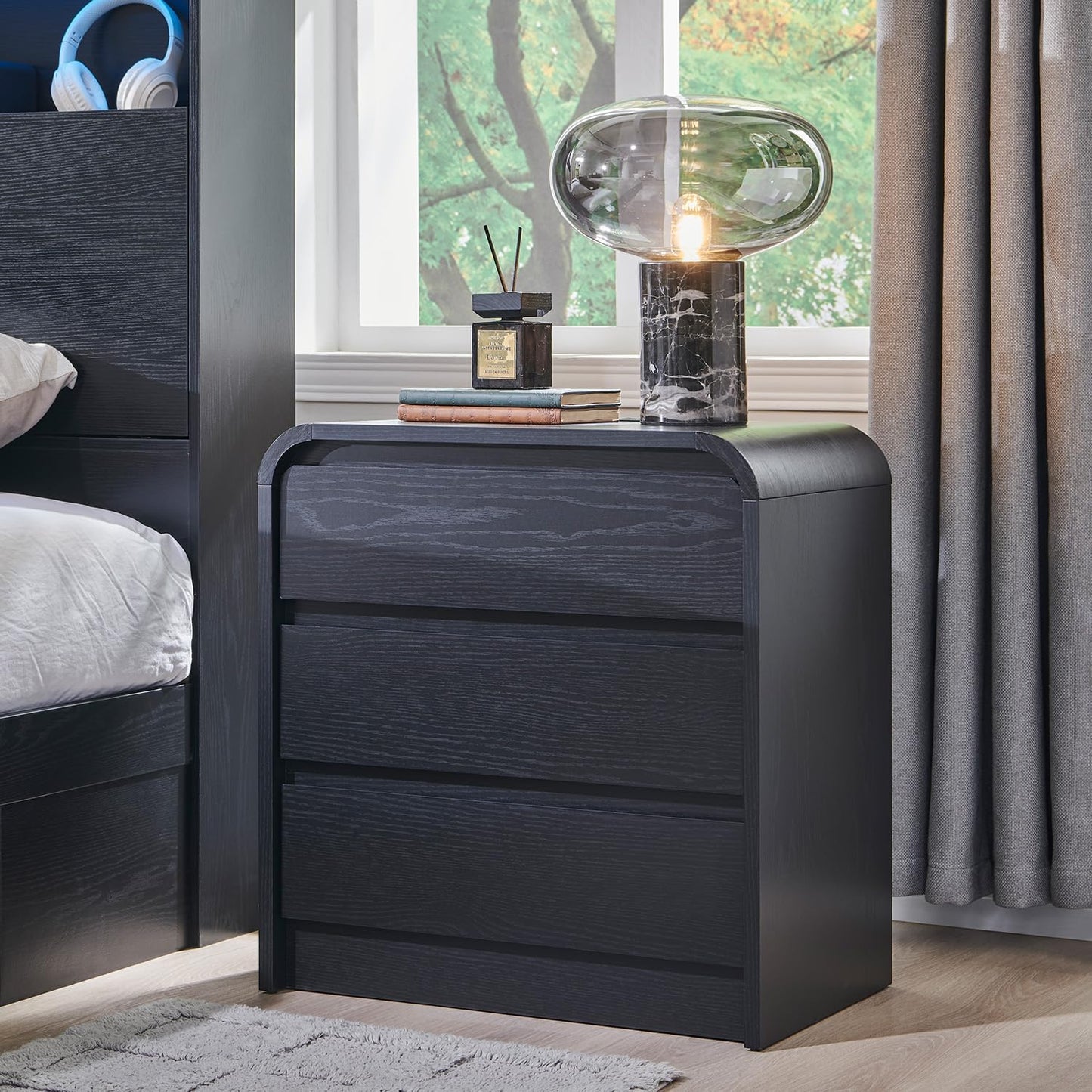 25" Tall Modern Nightstand with Charging Station, 23.6'' Wide Wood Bedside Table w/3 Storage Drawers, Small Dresser w/Curved Profile Design, End Table for Bedroom, Black