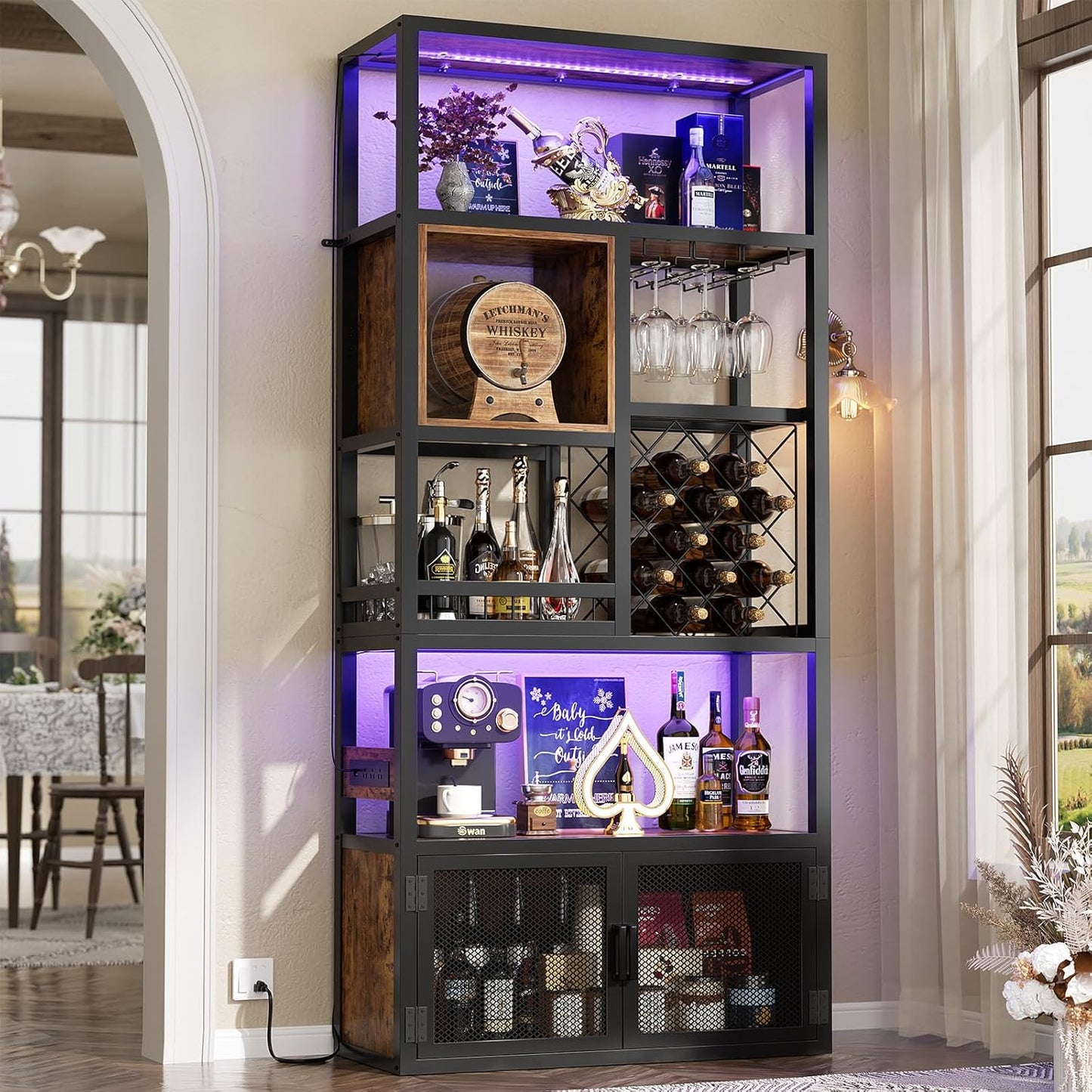 82.6" Tall Bar Cabinet with Power Outlets, 6-Tiers Reversible Wine Cabinet with LED Lights, Glass Holder & Wine Rack, Liquor Storage Cabinet Coffee Bar Station for Dining Living Room, Rustic Brown