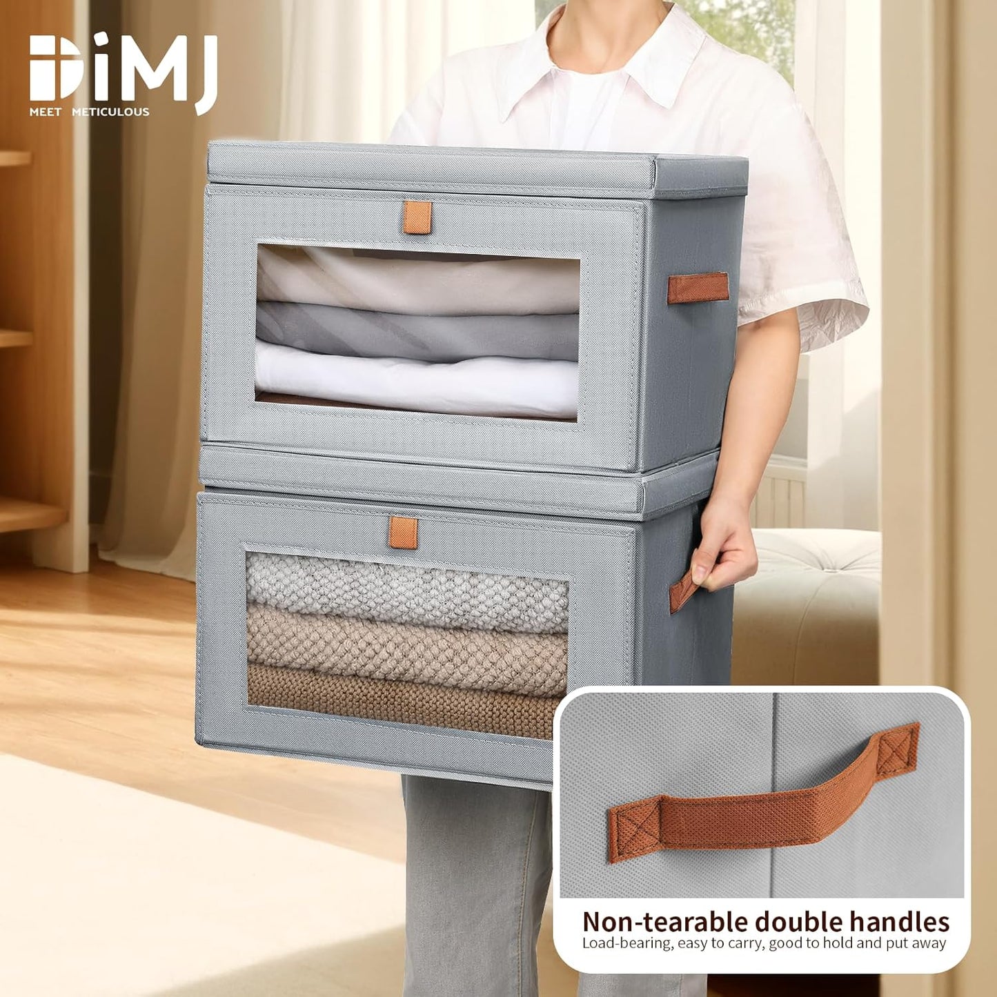 DIMJ Storage Bins with Lids - 4 Pack Large Fabric Closet Organizer with Window & Handles, Collapsible Decorative Storage Boxes for Shelves Under Bed, Books Clothes Blankets Sweaters Organization