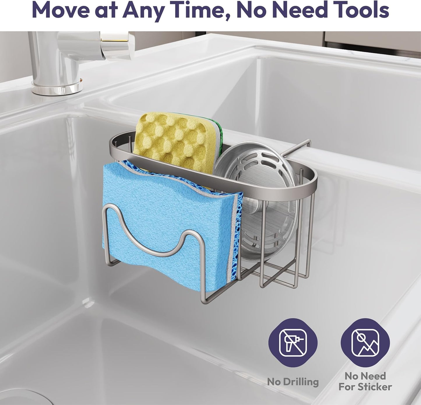 SWTYMIKI Sponge Holder for Kitchen Sink - Movable Kitchen Sink Caddy with M Shape Hook, Stainless Steel Hanging Sponge Caddy for Dish Sponge, Brush, Stopper Organizer in Double Sink, Sand Nickel