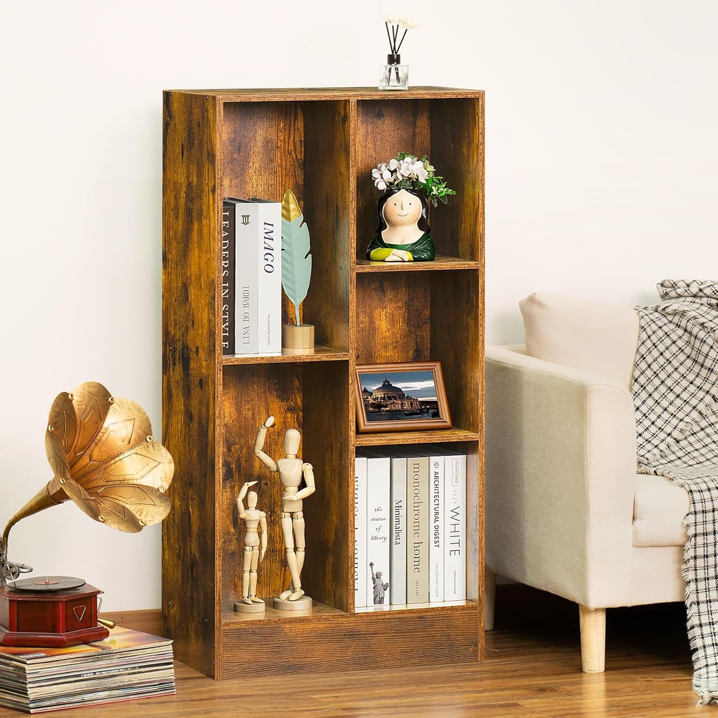 LEYAOYAO 5 Cube Mid-Century Modern Brown Wood Bookcase, 3 Tier Storage Organizer Shelf, Rustic Display Cabinet for Bedroom, Living Room, Office