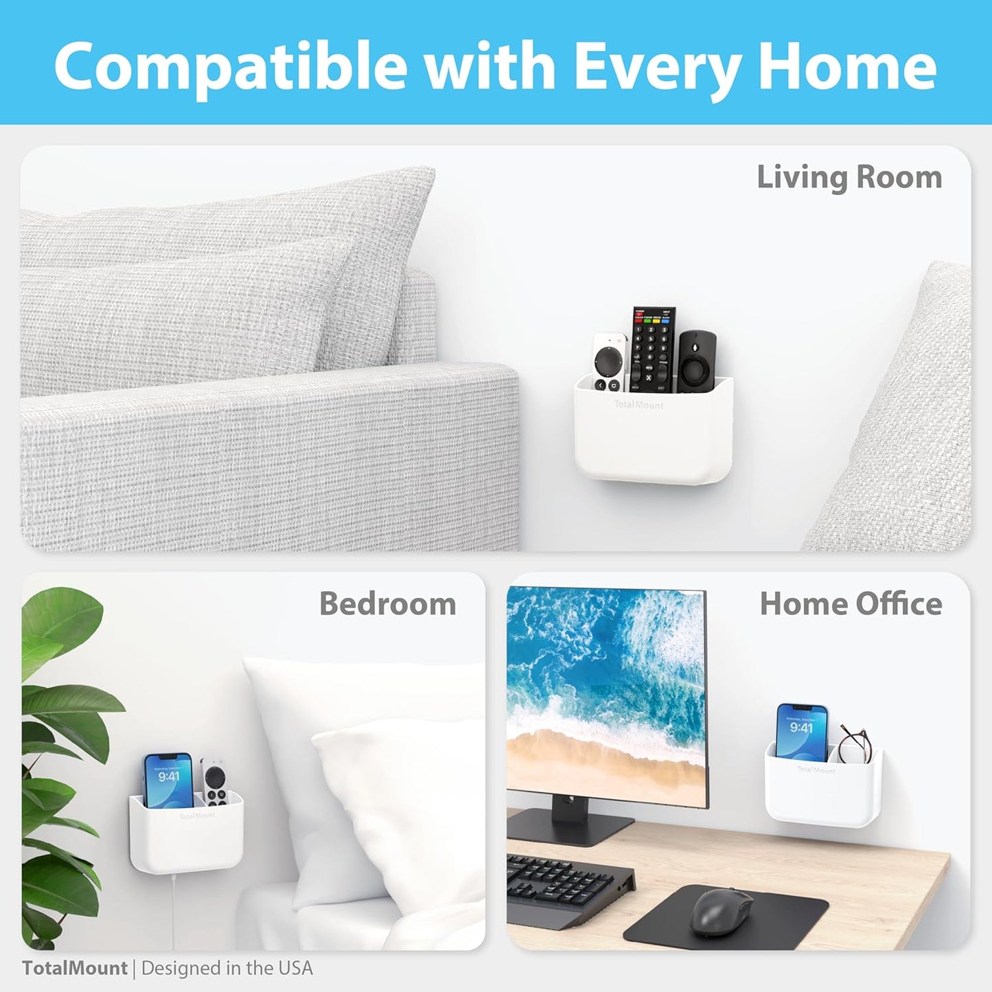 TotalMount Hole-Free Remote Holder – Eliminates Need to Drill Holes in Your Wall (Premium White Holder for 2 or 3 Remotes)