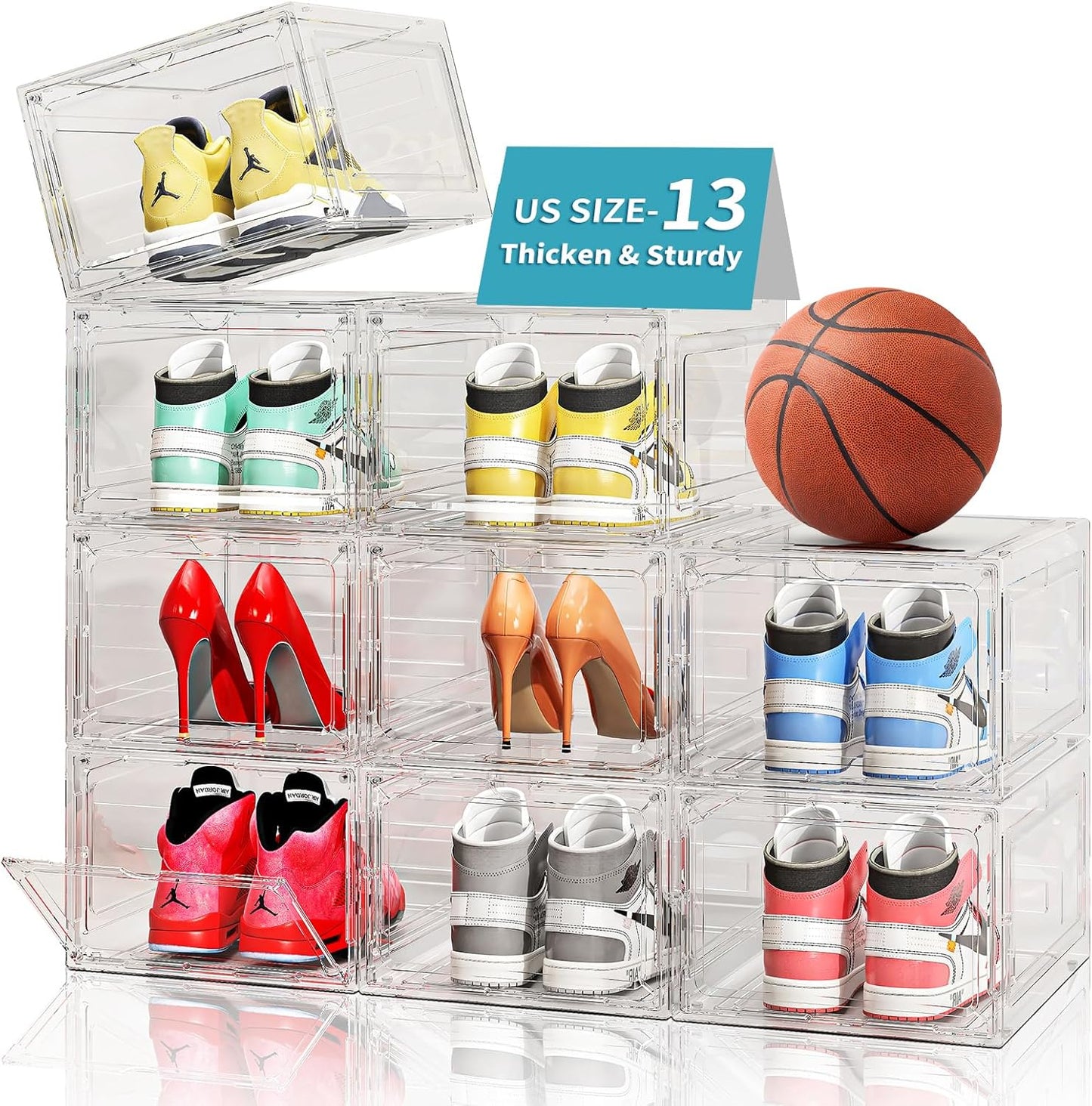 Upgraded Clear Shoe Storage Boxes Stackable 9 Pack Shoe Organizer for Closet, Drop Front Shoe Boxes with Magnetic Door, Shoe Sneaker Display Case, Shoe Storage Organizer, Fit US Size up to 13