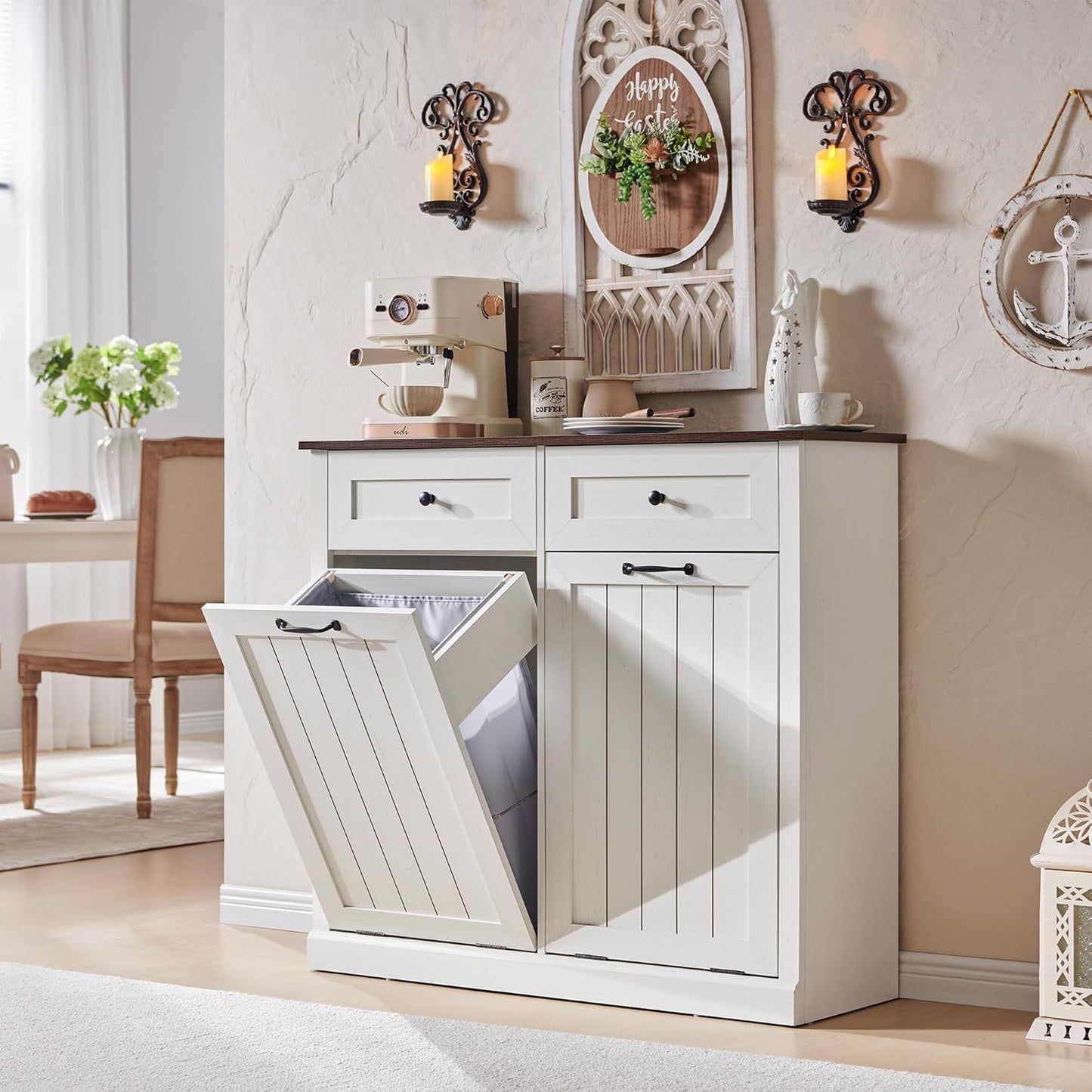 Double Tilt Out Trash Cabinet, 20 Gallon Farmhouse Laundry Hamper Cabinet with 2 Drawers, Hidden Wooden Trash Can Cabinets with Storage Basket for Kitchen, Living Room (Antique White)