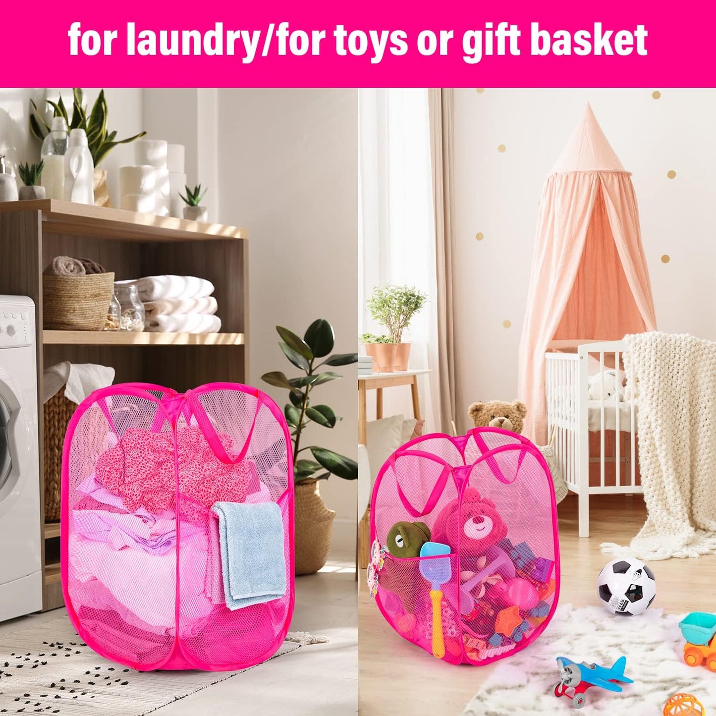 BATTOO Deluxe Strong Mesh Pop up Laundry Hamper Basket with Side Pocket for Laundry Room, Bathroom, Kids Room, College Dorm or Travel 2 Pack Blush
