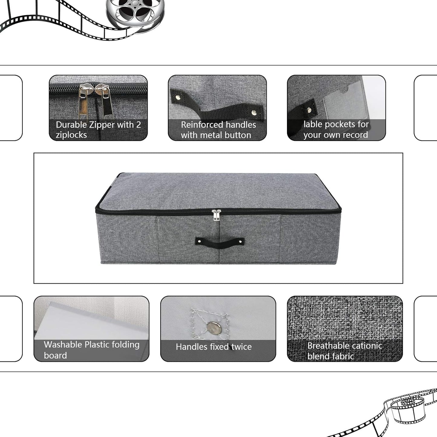 Omygarden 2PCS Foldable Under Bed Storage Box with Plastic Support Liner, Handles, Zipper lid, Blankets Clothes Comforters Storage Bin Organizer for Bedroom and Closet, 29×15×7inch, Black Grey