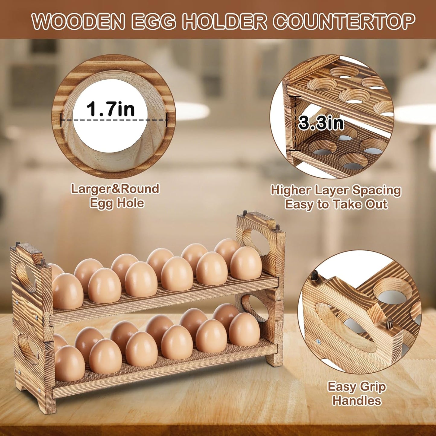 Wooden Egg Holder with 4 Layers/48-Hole, Stackable Wood Egg Rack Countertop with Handle, Stores Chicken/Duck/Quail/Turkey/Easter Eggs