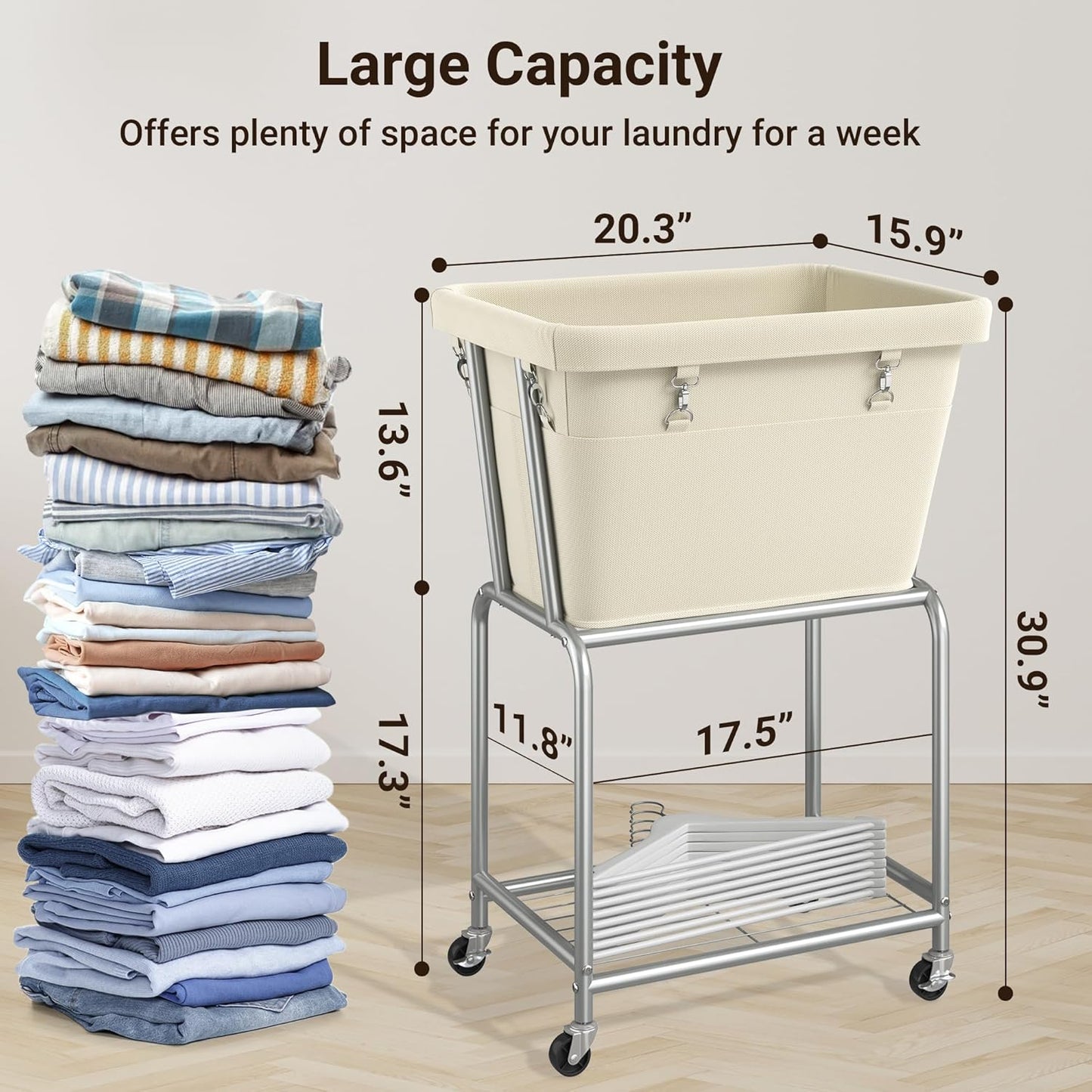 ELYKEN Laundry Cart with Wheels, Rolling Laundry Hamper with Removable Bag and Shelf, Metal Frame Laundry Basket with 4 Casters and 2 Brakes, Ideal for Bedroom, Bathroom, Laundry Room, Cream