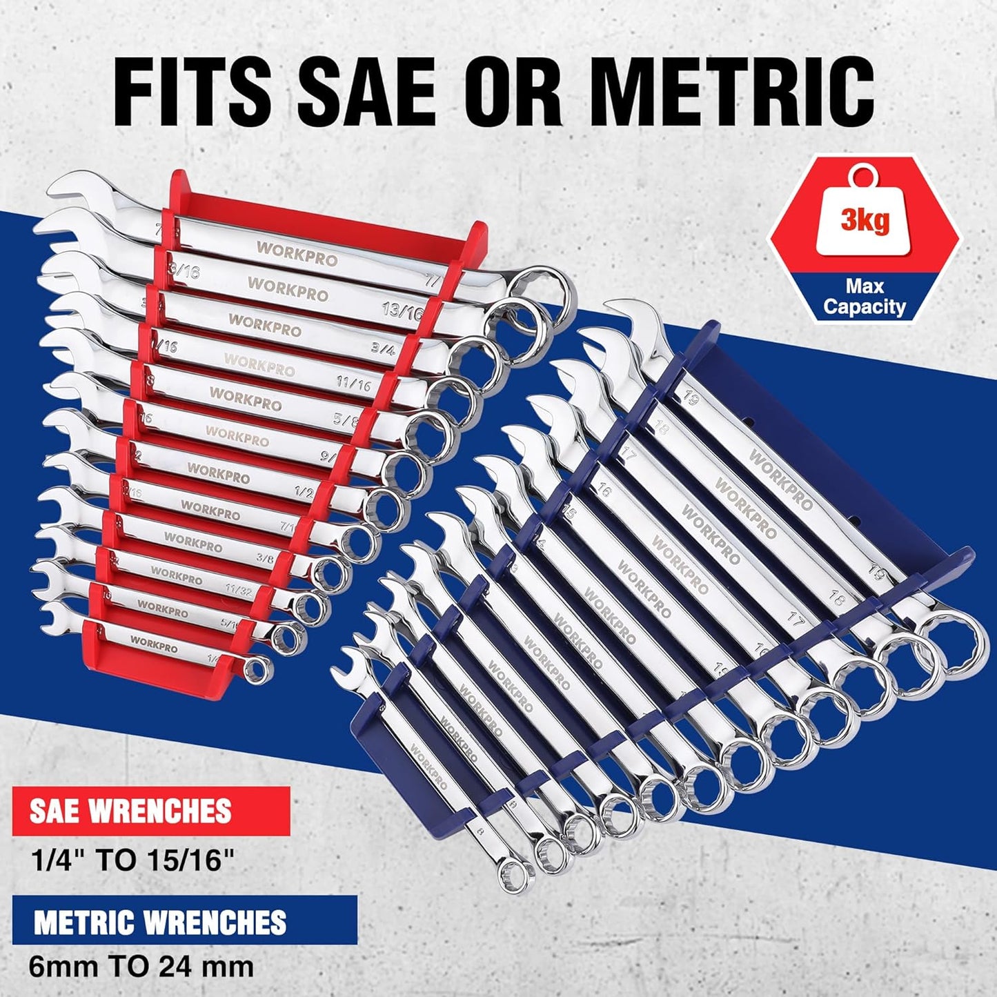 WORKPRO 4-Pack Magnetic Wrench Organizer, 12-Piece Wrench Holder Set for Tool Box Drawer Chest, SAE(1/4" - 15/16") and Metric(6 mm-24 mm)
