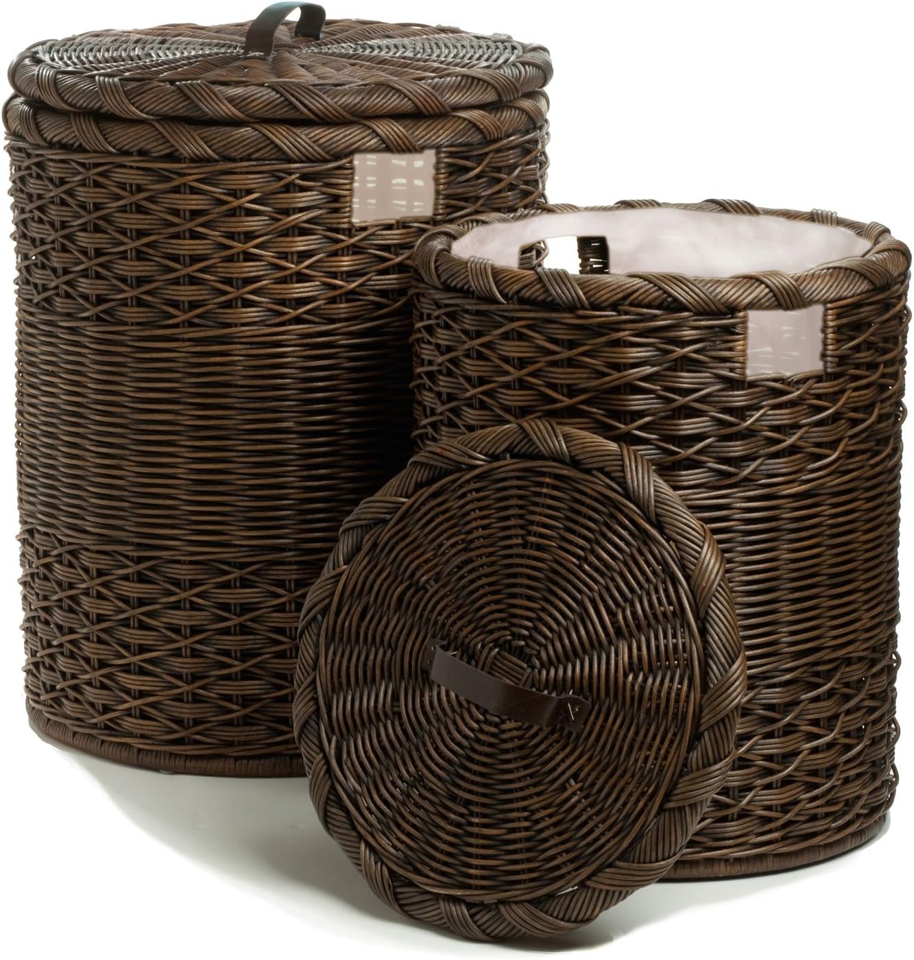 The Basket Lady Round Wicker Laundry Hamper, Extra Large, 23 in Dia x 28 in H, Antique Walnut Brown