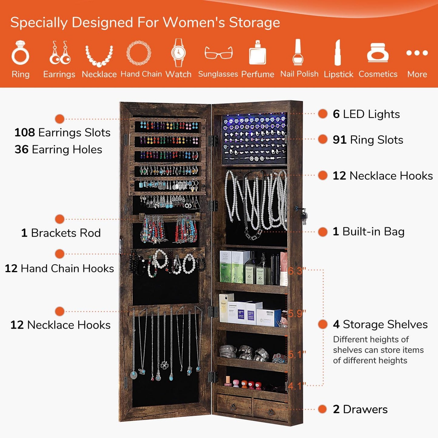 GISSAR Full Length Mirror Jewelry Cabinet, 6 LEDs Jewelry Armoire Wall Mounted Over The Door Hanging, Jewelry Organizer Storage with Lights Lockable, Vintage Brown, 14.6" x 47.2"