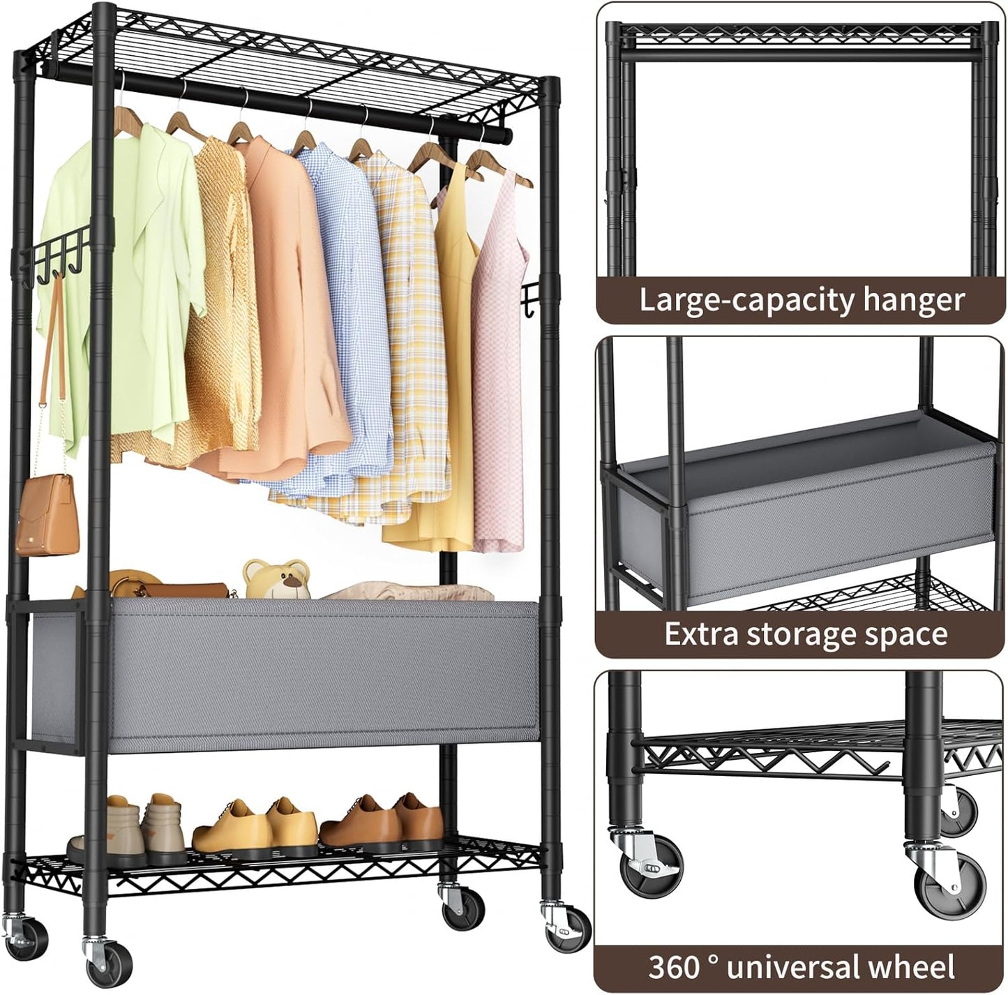 Clothes Rack,Heavy Duty Garment Rack 3 Tier Adjustable With Removable Clothe Basket,Wheels Free Standing Rolling Wire Shelving Clothing Racks for Hanging Clothes Metal Portable Closet