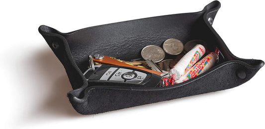 Main Street Forge Leather Valet Tray for Men – Rustic EDC Organizer for Keys, Phone & Wallet – Made in USA – Midnight Black