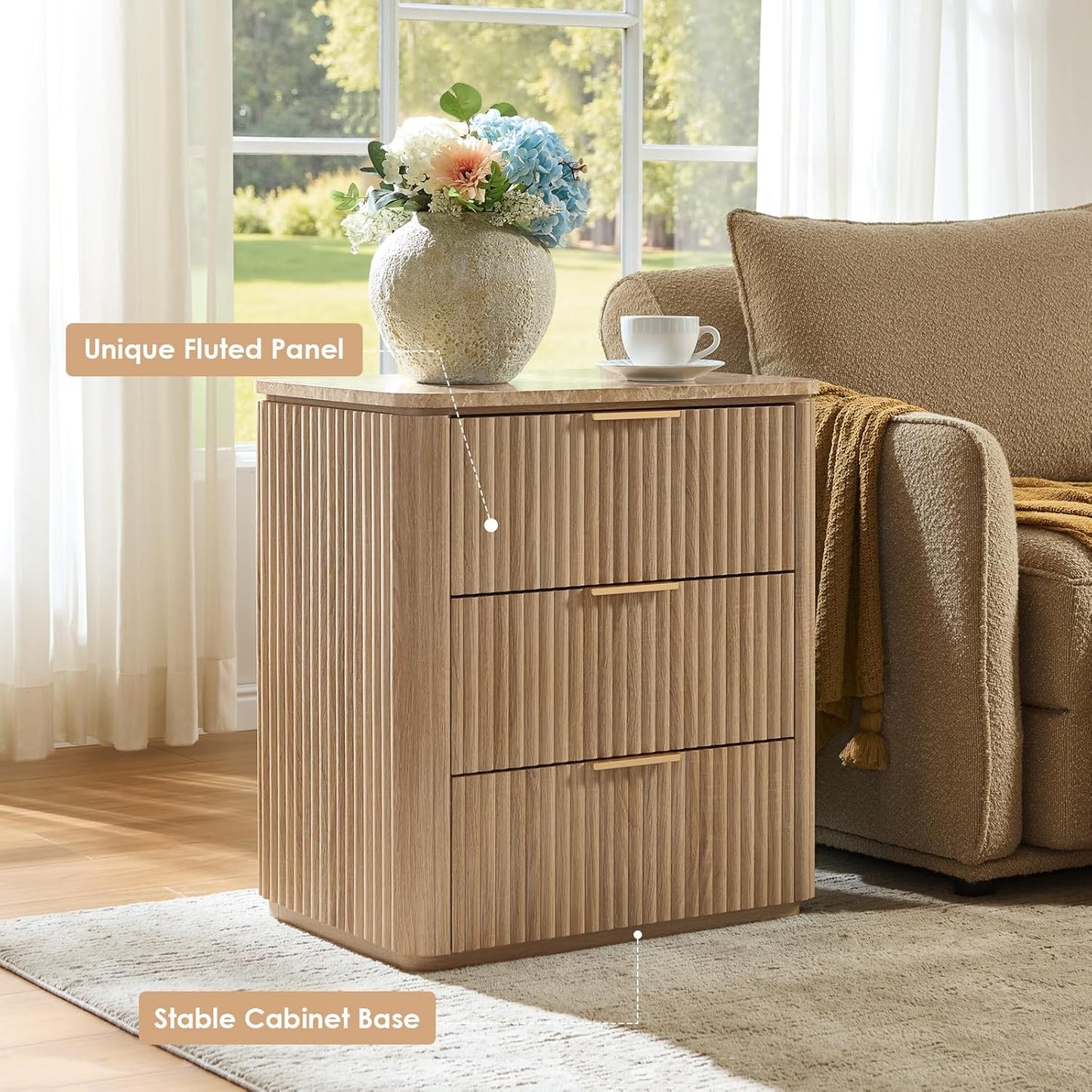 Fluted Nightstand with 3 Drawers, Engineered Wood Bedside Table with Faux Marble-Top, Modern End Table with Curved Corners, Metal Handle, Large Night Stand for Bedroom, Office, Closet, Natural Oak