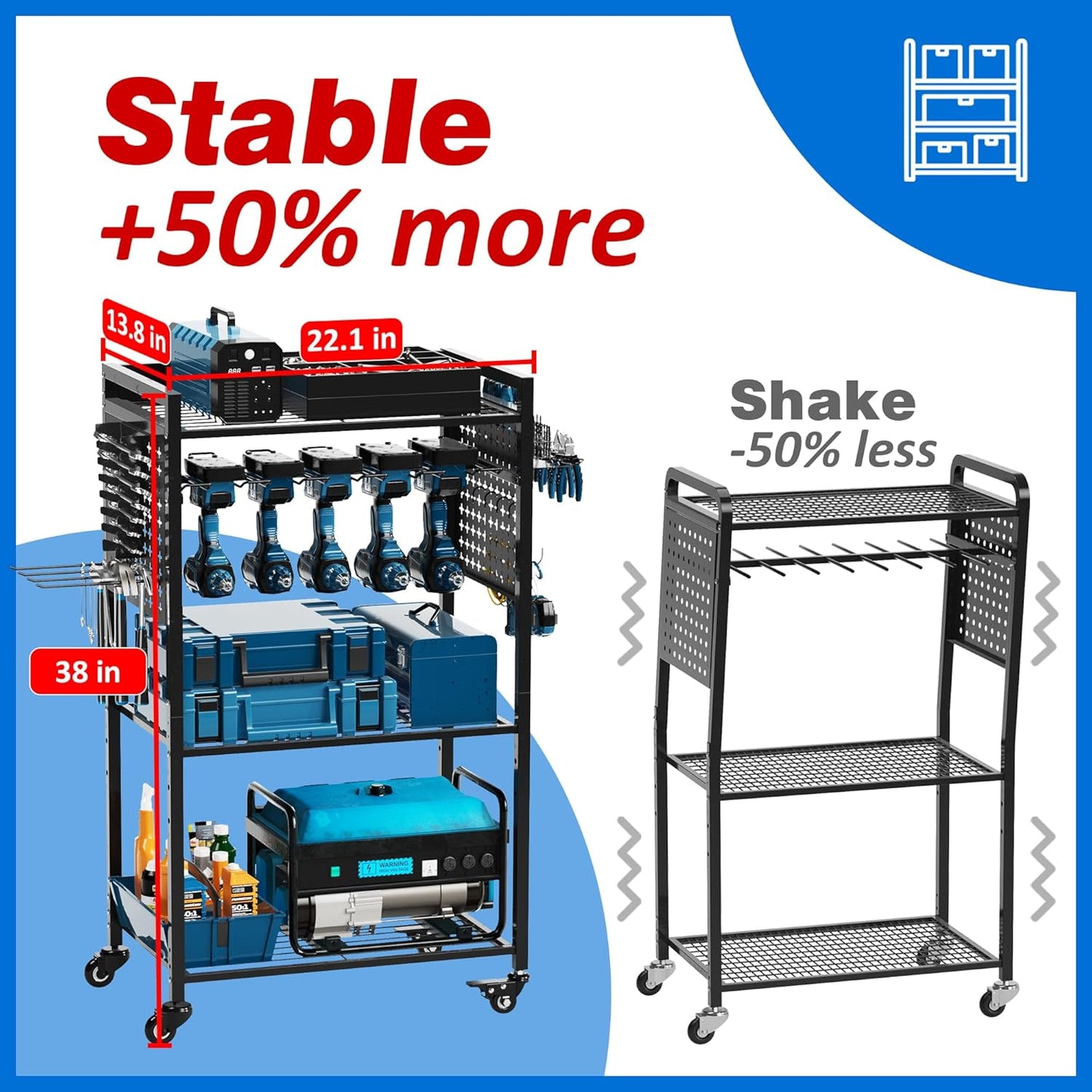 Large Power Tool Organizer Cart with Lockable Wheels | 4-Tier Organizer for Power Tools & Garage Storage, Mechanic Cart, Gift for Men, Dad, Husband