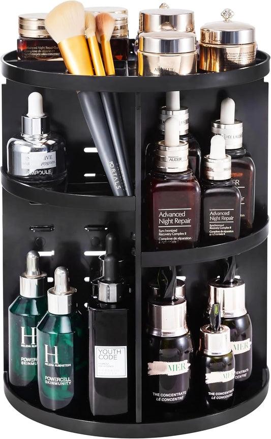 360 Rotating Makeup Organizer,DIY Adjustable Spinning Holder,Foldable Cosmetic Storage Display box,Large Capacity Make up Caddy Shelf,Fits Countertop Vanity and Bathroom (BLACK)