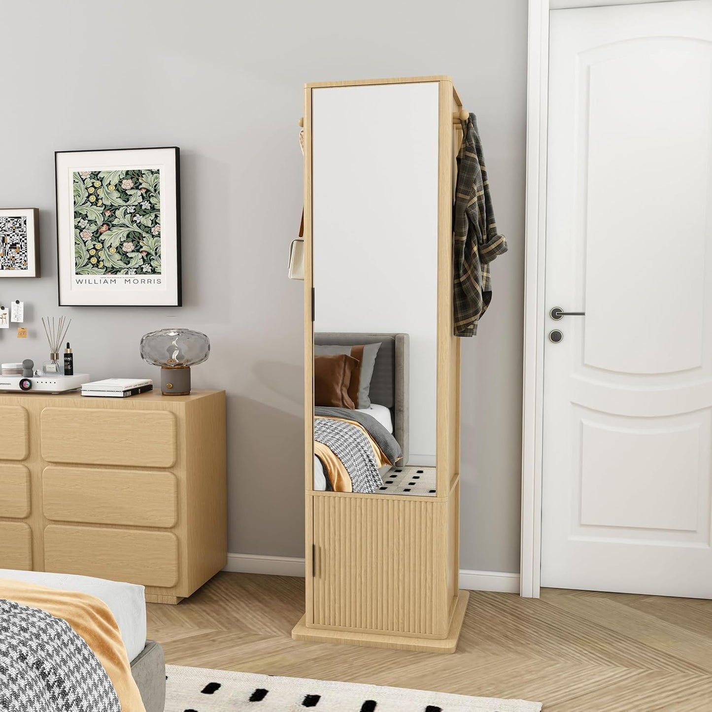 Montary 360° Rotating Makeup & Jewelry Cabinet with Full-Length Mirror - Standing Storage Organizer with Coat Rack, 4-Tier Open & Built-in Shelves, Walnut